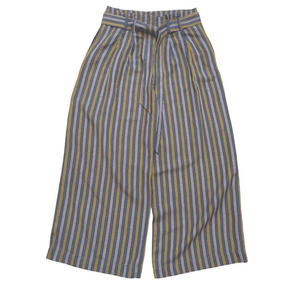 Current Air Wide Leg Pants Womens M Blue Yellow Linen Stripe Paperbag Boho Crop